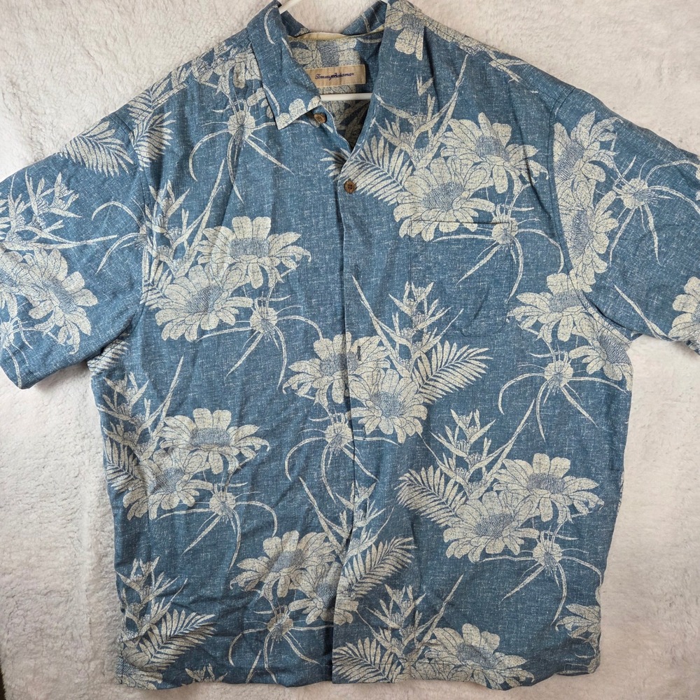 Tommy Bahama Men's 1XB Silk Polyester Blue Floral Short‎ Sleeve Button Up Shirt